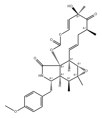 1,3-Dioxacyclotridecino[4,5-d]oxireno[f]isoindole-2,7,16(6H,8H)-trione, 9,11a,11b,12a,13,13a,14,15-octahydro-6-hydroxy-14-[(4-methoxyphenyl)methyl]-6,8,12a,13-tetramethyl-, (4E,6R,8S,10E,11aS,11bS,12aR,13S,13aS,14S,16aS)- Structure