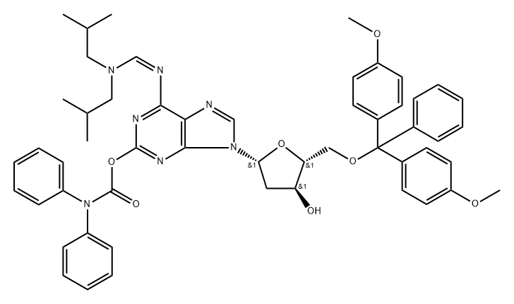 N6-(Diisobutylaminomethylidene)-5'-O- (dimethoxytrityl)-O2-(diphenylcarbamoyl)-2'- deoxyisoguanosine 结构式