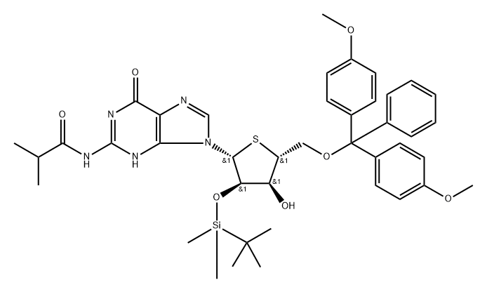 Guanosine, 5'-?O-?[bis(4-?methoxyphenyl)?phenylmethyl]?-?2'-?O-?[(1,?1-?dimethylethyl)?dimethylsilyl]?-?N-?(2-?methyl-?1-?oxopropyl)?-?4'-?thio- Structure