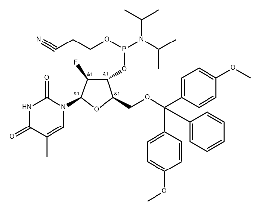 5'-O-(4,4'-Dimethoxytrityl)-2'-deoxy-2'-fluoro-5-methyl-beta-D-arabinouridine-3'-CED-phosphoramidite Struktur