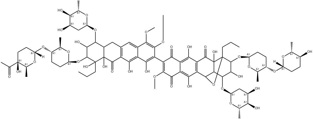 1,5-Epoxynaphthacene-7,10,12(2H)-trione, 9-[9-[[(2R,5R,6S)-5-[[(2S,5R,6R)-5-acetyltetrahydro-5-hydroxy-6-methyl-2H-pyran-2-yl]oxy]tetrahydro-6-methyl-2H-pyran-2-yl]oxy]-7-[(2,6-dideoxy-α-D-ribo-hexopyranosyl)oxy]-6,6a,7,8,9,10,10a,11-octahydro-1,8,10,10a,12-pentahydroxy-3,4-dimethoxy-11-oxo-10-propyl-2-naphthacenyl]-4-[(2,6-dideoxy-α-D-ribo-hexopyranosyl)oxy]-1,3,4,4a,5,12a-hexahydro-3,6,11,12a-tetrahydroxy-8-methoxy-1-propyl-2-[[(2R,5R,6S)-tetrahydro-6-methyl-5-[[(2R,5R,6S)-tetrahydro-5-hydroxy-6-methyl-2H-pyran-2-yl]oxy]-2H-pyran-2-yl]oxy]-, rel- Structure
