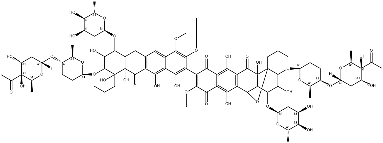 1,5-Epoxynaphthacene-7,10,12(2H)-trione, 2-[[(2R,5R,6S)-5-[(4-C-acetyl-2,6-dideoxy-α-D-xylo-hexopyranosyl)oxy]tetrahydro-6-methyl-2H-pyran-2-yl]oxy]-9-[9-[[(2R,5R,6S)-5-[(4-C-acetyl-2,6-dideoxy-α-D-xylo-hexopyranosyl)oxy]tetrahydro-6-methyl-2H-pyran-2-yl]oxy]-7-[(2,6-dideoxy-α-D-ribo-hexopyranosyl)oxy]-6,6a,7,8,9,10,10a,11-octahydro-1,8,10,10a,12-pentahydroxy-3,4-dimethoxy-11-oxo-10-propyl-2-naphthacenyl]-4-[(2,6-dideoxy-α-D-ribo-hexopyranosyl)oxy]-1,3,4,4a,5,12a-hexahydro-3,6,11,12a-tetrahydroxy-8-methoxy-1-propyl-, rel- Structure