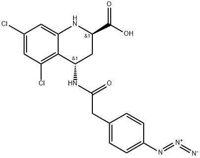 2-Quinolinecarboxylic acid, 4-[[2-(4-azidophenyl)acetyl]amino]-5,7-dichloro-1,2,3,4-tetrahydro-, (2R,4S)-rel- Struktur