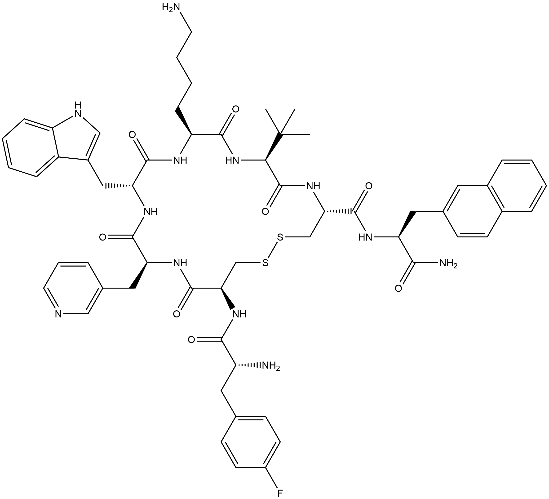 (4-Fluoro)-L-Phenylalanyl-D-Cysteinyl-(3-Pyridyl)- L-Alanyl-D-Tryptophyl-L-Lysyl-(3-Methyl)-L-Valyl-L-Cysteinyl-(2-Naphthyl)-L-Alaninamide Cyclic (2-7)- Disulfide,209006-13-3,结构式