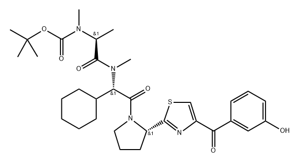 Carbamic acid, N-[(1S)-2-[[(1S)-1-cyclohexyl-2-[(2S)-2-[4-(3-hydroxybenzoyl)-2-thiazolyl]-1-pyrrolidinyl]-2-oxoethyl]methylamino]-1-methyl-2-oxoethyl]-N-methyl-, 1,1-dimethylethyl ester Structure