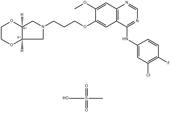 4-Quinazolinamine, N-(3-chloro-4-fluorophenyl)-6-[3-[(4aR,7aS)-hexahydro-6H-1,4-dioxino[2,3-c]pyrrol-6-yl]propoxy]-7-methoxy-, rel-, methanesulfonate, hydrate (2:4:1),2097129-93-4,结构式
