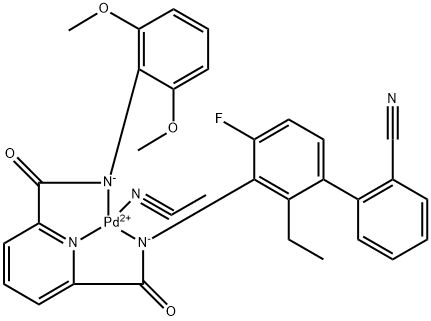 Palladium, (acetonitrile)[N2-(2'-cyano-2-ethyl-4-fluoro[1,1'-biphenyl]-3-yl)-N6-(2,6-dimethoxyphenyl)-2,6-pyridinedicarboxamidato(2-)-κN1,κN2,κN6]-, (SP-4-2)- Structure