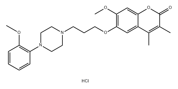 2H-1-Benzopyran-2-one, 7-methoxy-6-[3-[4-(2-methoxyphenyl)-1-piperazinyl]propoxy]-3,4-dimethyl-, hydrochloride (1:1) 化学構造式
