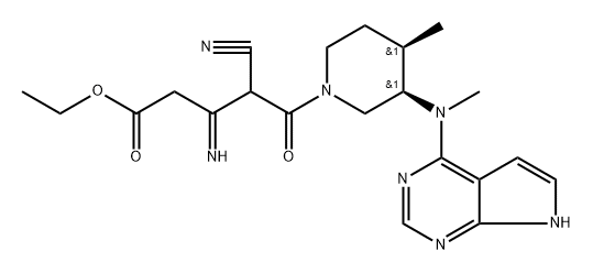 1-Piperidinepentanoic acid, γ-cyano-β-imino-4-methyl-3-(methyl-7H-pyrrolo[2,3-d]pyrimidin-4-ylamino)-δ-oxo-, ethyl ester, (3R,4R)- Struktur