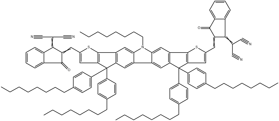 Propanedinitrile, 2,2'-[[7,12-dihydro-12-octyl-4,4,7,7-tetrakis(4-octylphenyl)-4H-bisthieno[2',3':3,4]cyclopenta[2,1-b:1',2'-h]carbazole-2,9-diyl]bis[methylidyne(3-oxo-1H-indene-2,1(3H)-diylidene)]]bi Struktur
