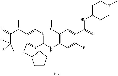 Benzamide, 4-[(9-cyclopentyl-7,7-difluoro-6,7,8,9-tetrahydro-5-methyl-6-oxo-5H-pyrimido[4,5-b][1,4]diazepin-2-yl)amino]-2-fluoro-5-methoxy-N-(1-methyl-4-piperidinyl)-, hydrochloride (1:1),2108449-45-0,结构式