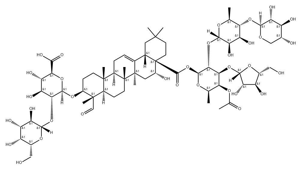 β-D-Glucopyranosiduronic acid, (3β,4α,16α)-28-[(O-β-D-arabinofuranosyl-(1→3)-O-[O-β-D-xylopyranosyl-(1→4)-6-deoxy-α-L-mannopyranosyl-(1→2)]-4-O-acetyl-6-deoxy-β-D-galactopyranosyl)oxy]-16-hydroxy-23,28-dioxoolean-12-en-3-yl 2-O-β-D-galactopyranosyl- Struktur