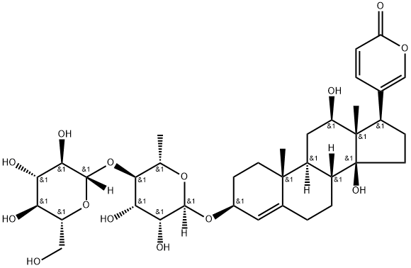 3β-[(4-O-β-D-Glucopyranosyl-6-deoxy-α-L-mannopyranosyl)oxy]-12β,14-dihydroxybufa-4,20,22-trienolide Structure