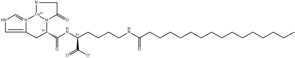 Cuprate(1-), [glycyl-κN-L-histidinyl-κN,κN3-N6-(1-oxohexadecyl)-L-lysinato(3-)]-|三肽-1铜棕榈酰胺(油溶版蓝铜肽)