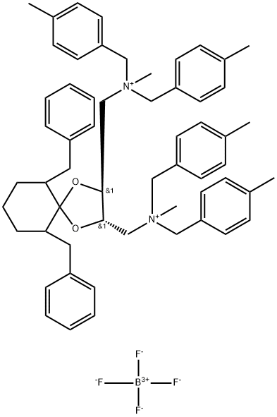 6,10-ジベンジル-N,N'-ジメチル-N,N,N',N'-テトラキス(4-メチルベンジル)-1,4-ジオキサスピロ[4.5]デカン-(2S,3S)-ジイルビス(メチルアンモニウム)ビス(テトラフルオロボラート) 化学構造式