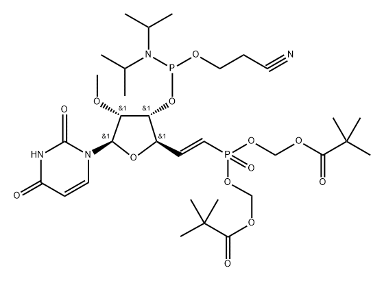 2,?4(1H,?3H)?-?Pyrimidinedione, 1-?[(5E)?-?6-?[bis[(2,?2-?dimethyl-?1-?oxopropoxy)?methoxy]?phosphinyl]?-?3-?O-?[[bis(1-?methylethyl)?amino]?(2-?cyanoethoxy)?phosphino]?-?5,?6-?dideoxy-?2-?O-?methyl-?β-?D-?ribo-?hex-?5-?enofuranosyl]?- Struktur