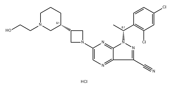 1H-Pyrazolo[3,4-b]pyrazine-3-carbonitrile, 1-[(1R)-1-(2,4-dichlorophenyl)ethyl]-6-[3-[(3R)-1-(2-hydroxyethyl)-3-piperidinyl]-1-azetidinyl]-, hydrochloride (1:),2174938-71-5,结构式