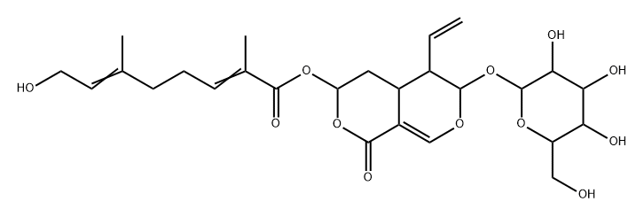 8-ヒドロキシ-2,6-ジメチル-2,6-オクタジエン酸[5-ビニル-6-(β-D-グルコピラノシルオキシ)-4,4a,5,6-テトラヒドロ-1-オキソ-1H,3H-ピラノ[3,4-c]ピラン-3-イル] 化学構造式