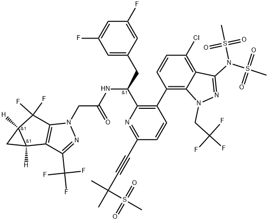 1H-Cyclopropa[3,4]cyclopenta[1,2-c]pyrazole-1-acetamide, N-[(1S)-1-[3-[3-[bis(methylsulfonyl)amino]-4-chloro-1-(2,2,2-trifluoroethyl)-1H-indazol-7-yl]-6-[3-methyl-3-(methylsulfonyl)-1-butyn-1-yl]-2-pyridinyl]-2-(3,5-difluorophenyl)ethyl]-5,5-difluoro-3b,4,4a,5-tetrahydro-3-(trifluoromethyl)-, (3bS,4aR)- Struktur