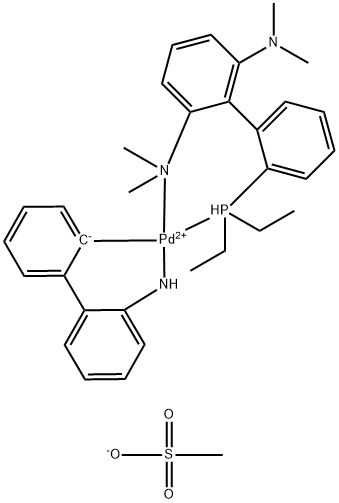 Palladium(1+), [2'-(amino-κN)[1,1'-biphenyl]-2-yl-κC][2'-(diethylphosphino-κP)-N2,N2,N6,N6-tetramethyl[1,1'-biphenyl]-2,6-diamine-κN2]-, methanesulfonate (1:1) Struktur