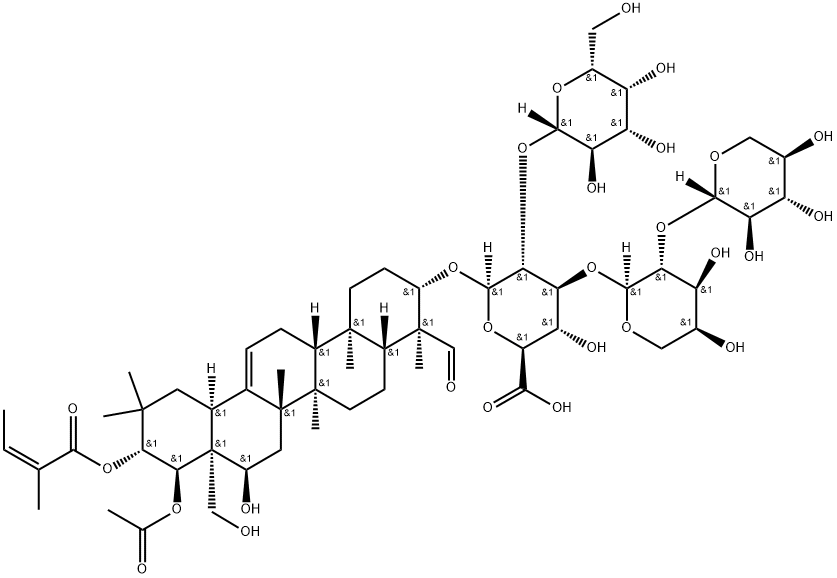 β-D-Glucopyranosiduronic acid, (3β,4α,16α,21β,22α)-22-(acetyloxy)-16,28-dihydroxy-21-[[(2Z)-2-methyl-1-oxo-2-buten-1-yl]oxy]-23-oxoolean-12-en-3-yl O-β-D-galactopyranosyl-(1→2)-O-[O-β-D-xylopyranosyl-(1→2)-α-L-arabinopyranosyl-(1→3)]- Struktur