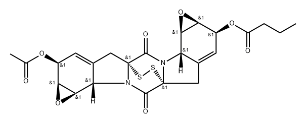 Butanoic acid, (1aS,2S,4aR,6aS,6bR,7aS,8S,10aR,12aS,12bR)-8-(acetyloxy)-1a,2,6a,6b,7a,8,12a,12b-octahydro-5,11-dioxo-5H,11H-4a,10a-epidithio-4H,10H-bisoxireno[g,g']pyrazino[1,2-a:4,5-a']diindol-2-yl ester 化学構造式