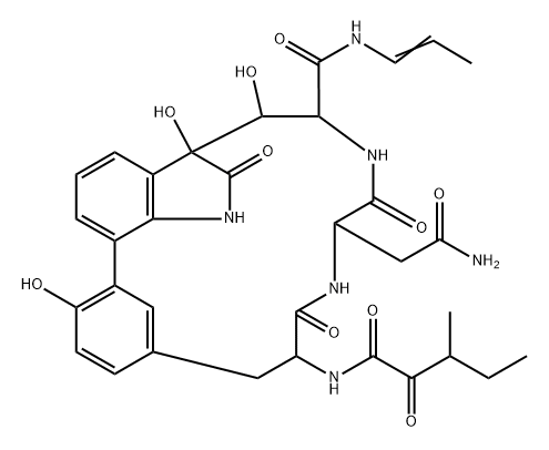 L-Serinamide, N-[(3S)-3-methyl-1,2-dioxopentyl]-L-tyrosyl-L-asparaginyl-N-(1Z)-1-propen-1-yl-, cyclic 13,33-[(3S)-2,3-dihydro-3-hydroxy-2-oxo-1H-indole-7,3-diyl] deriv., [1(3S),3(3R)]- Structure