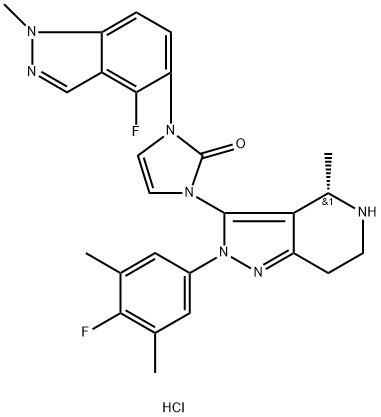 2H-Imidazol-2-one, 1-[(4S)-2-(4-fluoro-3,5-dimethylphenyl)-4,5,6,7-tetrahydro-4-methyl-2H-pyrazolo[4,3-c]pyridin-3-yl]-3-(4-fluoro-1-methyl-1H-indazol-5-yl)-1,3-dihydro-, hydrochloride (1:1) Struktur