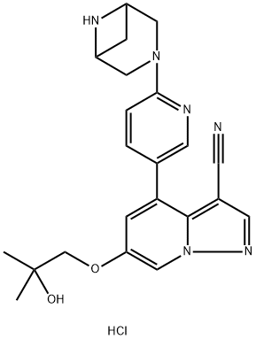 4-(6-(3,6-Diazabicyclo[3.1.1]heptan-3-yl)pyridin-3-yl)-6-(2-hydroxy-2-methylpropoxy)pyrazolo[1,5-a]pyridine-3-carbonitrile dihydrochloride 化学構造式