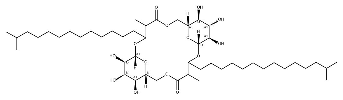 Heptadecanoic acid,3-[[6-O-[3-(b-D-glucopyranosyloxy)-2,15-dimethyl-1-oxohexadecyl]-b-D-glucopyranosyl]oxy]-2,16-dimethyl-,intramol. 1,6''-ester (9CI) Structure