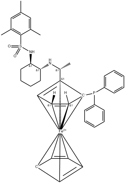 Ferrocene, 1-(diphenylphosphino)-2-[(1R)-1-[[(1R,2R)-2-[[(2,4,6-trimethylphenyl)sulfonyl]amino]cyclohexyl]amino]ethyl]-, (1R)- Structure