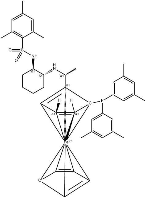 Ferrocene, 1-[bis(3,5-dimethylphenyl)phosphino]-2-[(1R)-1-[[(1R,2R)-2-[[(2,4,6-trimethylphenyl)sulfonyl]amino]cyclohexyl]amino]ethyl]-, (1R)- Structure