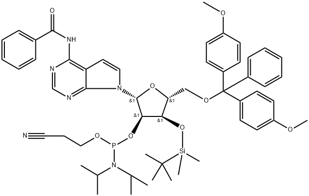 (2R,3R,4R,5R)-2-(4-苯甲酰氨基-7H-吡咯并[2,3-D]嘧啶-7-基)-5-((双(4-甲氧基苯基)(苯基)甲氧基)甲基)-4-((叔丁基二甲基硅烷基)氧基)四氢呋喃-3-基(2-氰基乙基)二异丙基磷酰胺, 2243079-18-5, 结构式
