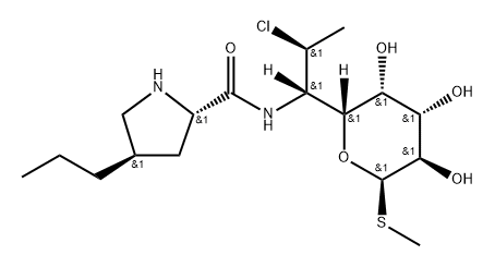 メチル7-クロロ-6,7,8-トリデオキシ-6-[[[(2S,4R)-4β-プロピル-2α-ピロリジニル]カルボニル]アミノ]-1-チオ-L-threo-α-D-galacto-オクトピラノシド 化学構造式