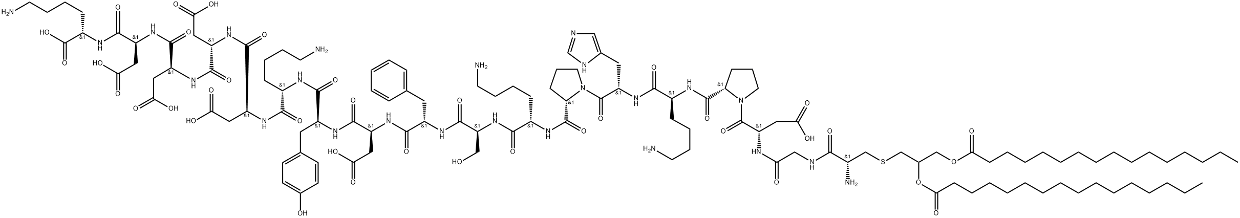L-Lysine, S-[2,3-bis[(1-oxohexadecyl)oxy]propyl]-L-cysteinylglycyl-L-α-aspartyl-L-prolyl-L-lysyl-L-histidyl-L-prolyl-L-lysyl-L-seryl-L-phenylalanyl-L-α-aspartyl-L-tyrosyl-L-lysyl-L-α-aspartyl-L-α-aspartyl-L-α-aspartyl-L-α-aspartyl-,2243206-97-3,结构式