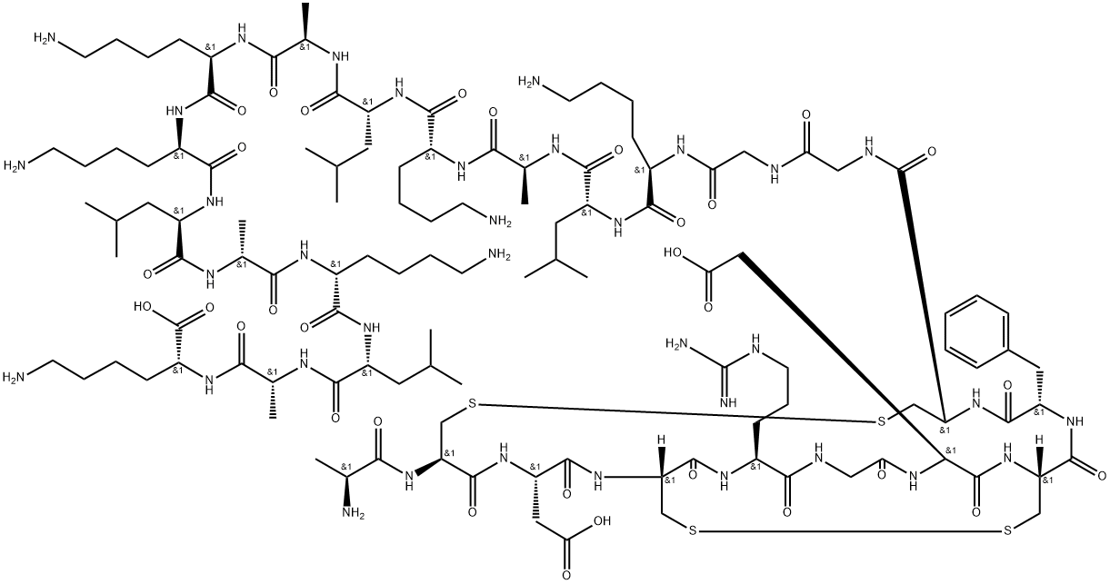D-Lysine, L-alanyl-L-cysteinyl-L-α-aspartyl-L-cysteinyl-L-arginylglycyl-L-α-aspartyl-L-cysteinyl-L-phenylalanyl-L-cysteinylglycylglycyl-D-lysyl-D-leucyl-L-alanyl-D-lysyl-D-leucyl-D-alanyl-D-lysyl-D-lysyl-D-leucyl-D-alanyl-D-lysyl-D-leucyl-D-alanyl-, cyclic (2→10),(4→8)-bis(disulfide) 结构式