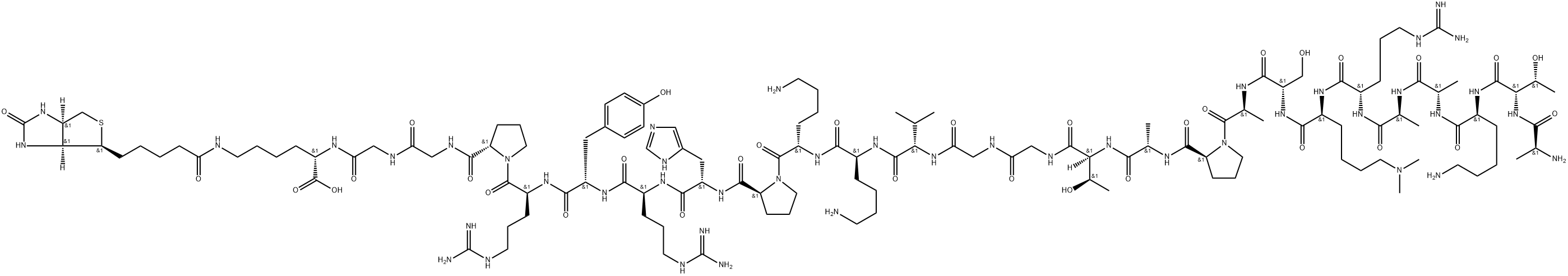 L-Lysine, L-alanyl-L-threonyl-L-lysyl-L-alanyl-L-alanyl-L-arginyl-N6,N6-dimethyl-L-lysyl-L-seryl-L-alanyl-L-prolyl-L-alanyl-L-threonylglycylglycyl-L-valyl-L-lysyl-L-lysyl-L-prolyl-L-histidyl-L-arginyl-L-tyrosyl-L-arginyl-L-prolylglycylglycyl-N6-[5-[(3aS,4S,6aR)-hexahydro-2-oxo-1H-thieno[3,4-d]imidazol-4-yl]-1-oxopentyl]- 结构式