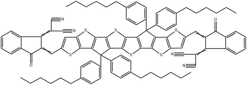 Propanedinitrile,2,2'-[[6,6,12,12-tetrakis(4-hexylphenyl)-6,12-dihydrothieno[2'',3'':4',5']thieno[3',2':4,5]cyclopenta[1,2-b]thieno[2''',3''Chemicalbook':4'',5'']thieno[2'',3'':3',4']cyclopenta[1',2':4,5]thieno[2,3-d]thiophene-2,8-diyl]bis[methylidyne(3-oxo-1H-indene-2,1(3H)-diylidene)]]bis-,2244414-53-5,结构式