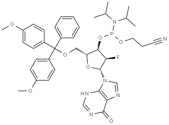 Inosine, 5′-O-[bis(4-methoxyphenyl)phenylmethyl]-2′-deoxy-2′-fluoro-, 3′-[2-cyanoethyl N,N-bis(1-methylethyl)phosphoramidite] Struktur