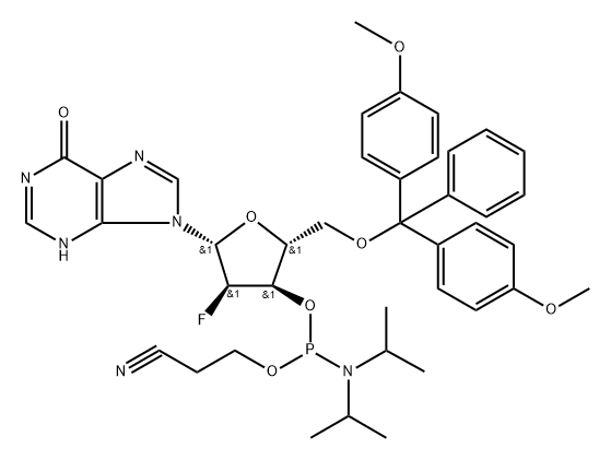 (2R,3R,4R,5R)-2-((双(4-甲氧基苯基)(苯基)甲氧基)甲基)-4-氟-5-(6-氧代-3,6-二氢-9H-嘌呤-9-基)四氢呋喃-3-基(2-氰乙基)二异丙基亚磷酰胺 结构式