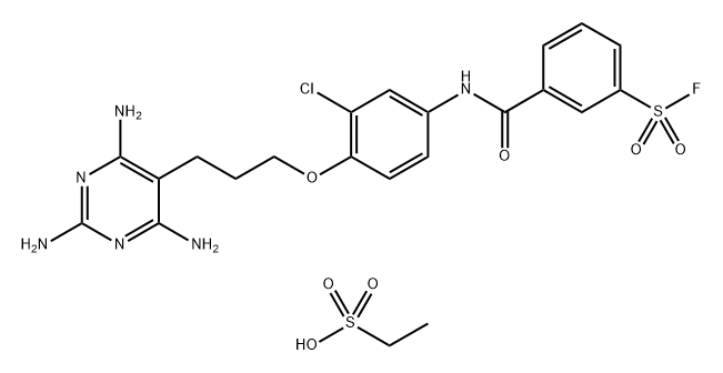 Ethanesulfonic acid, compd. with 3-[[[3-chloro-4-[3-(2,4,6-triamino-5-pyrimidinyl)propoxy]phenyl]amino]carbonyl]benzenesulfonyl fluoride (1:1) Struktur