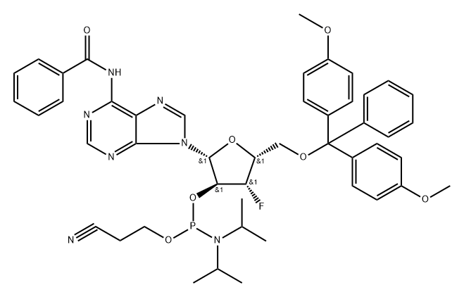 N6-Benzoyl-9-(2'-deoxy-5'-O-DMT-2'-fluoro-b-D-arabinofuranosyl)adenine 3'-CE phosphoramidite Struktur