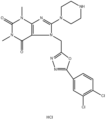 1H-Purine-2,6-dione, 7-[[5-(3,4-dichlorophenyl)-1,3,4-oxadiazol-2-yl]methyl]-3,7-dihydro-1,3-dimethyl-8-(1-piperazinyl)-, hydrochloride (1:1) Struktur