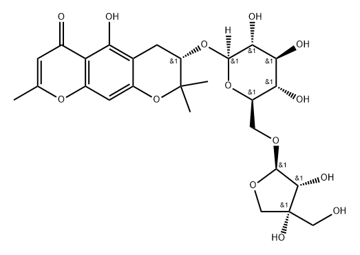 4H,?6H-?Benzo[1,?2-?b:5,?4-?b']?dipyran-?4-?one, 7-?[(6-?O-?D-?apio-?β-?D-?furanosyl-?β-?D-?glucopyranosyl)?oxy]?-?7,?8-?dihydro-?5-?hydroxy-?2,?8,?8-?trimethyl-?, (7S)?- Structure