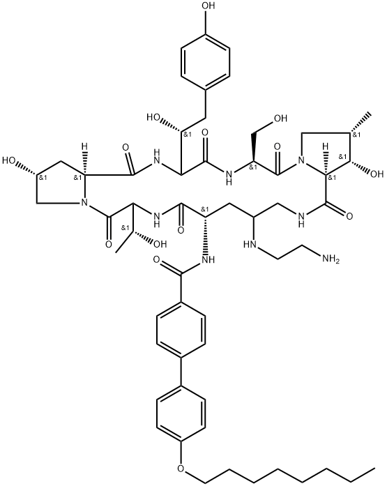 L-Proline, 4-[(2-aminoethyl)amino]-N2-[[4'-(octyloxy)[1,1'-biphenyl]-4-yl]carbonyl]-L-ornithyl-L-threonyl-(4R)-4-hydroxy-L-prolyl-4-(4-hydroxyphenyl)-L-threonyl-L-seryl-3-hydroxy-4-methyl-, (6→15)-lactam, (3S,4S)- Structure