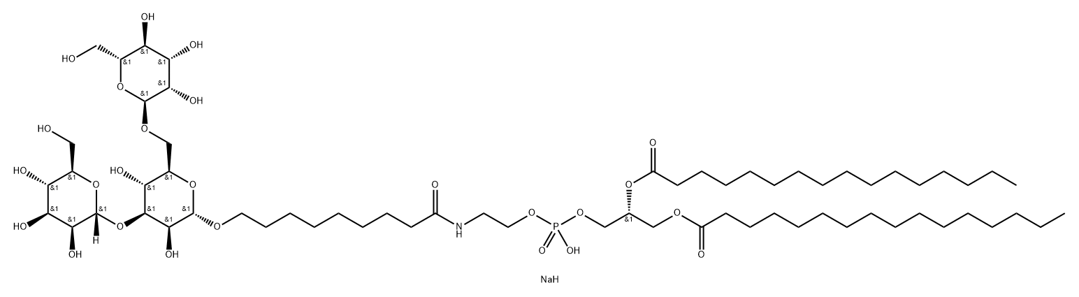 Hexadecanoic acid, (1R)-1-hydroxy2-9-(O-.alpha.-D-mannopyranosyl-(13)-O-.alpha.-D-mannopyranosyl-(16)-.alpha.-D-mannopyranosyl)oxy-1-oxononylaminoethoxyphosphinyloxymethyl-1,2-ethanediyl ester, monosodium salt 结构式