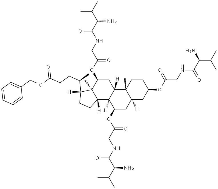 (3R,5S,7R,8R,9S,10S,12S,13R,14S,17R)-17-((R)-5-(benzyloxy)-5-oxopentan-2-yl)-10,13-dimethylhexadecahydro-1H-cyclopenta[a]phenanthrene-3,7,12-triyl tris(2-((S)-2-amino-3-methylbutanamido)acetate) Struktur