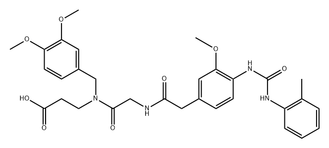 3-{N-[(3,4-ジメトキシフェニル)メチル]-2-[2-(3-メトキシ-4-{[(2-メチルフェニル)カルバモイル]アミノ}フェニル)アセトアミド]アセトアミド}プロパン酸 化学構造式