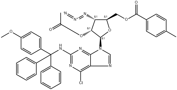 9H-?Purin-?2-?amine, 9-?[2-?O-?acetyl-?3-?azido-?3-?deoxy-?5-?O-?(4-?methylbenzoyl)?-?β-?D-?ribofuranosyl]?-?6-?chloro-?N-?[(4-?methoxyphenyl)?diphenylmethyl]?- Struktur