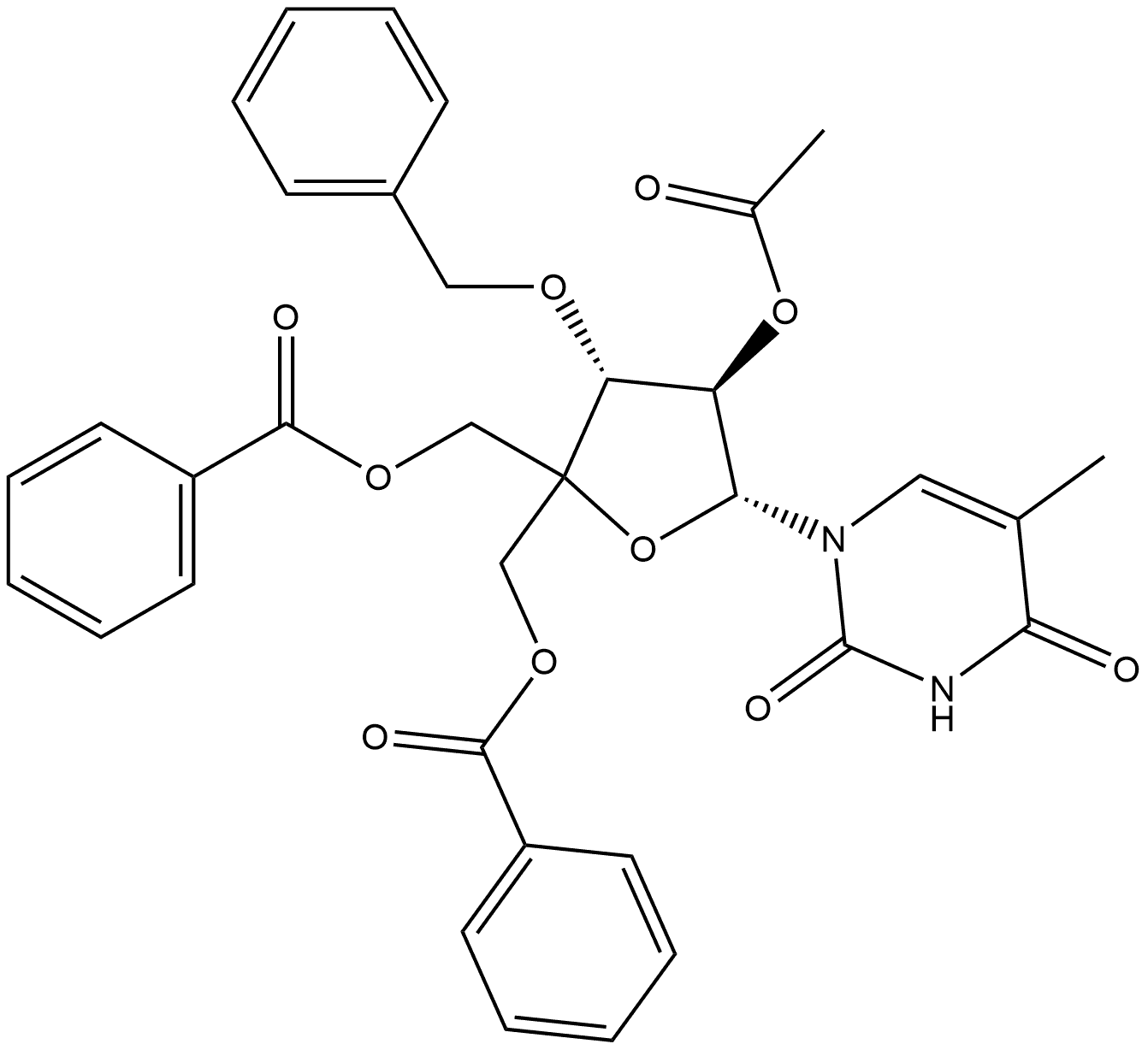 1-(2-O-Acetyl-5-O-benzoyl-4-C-benzoyloxymethyl-3-O-benzyl-α-L-threo-pentofuranosyl)thymine 结构式